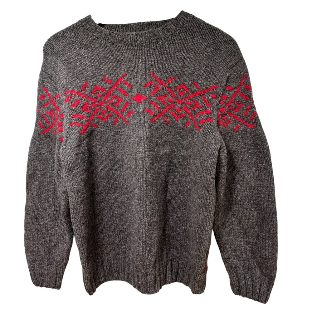 Timberland Handknit Lambswool Sweater Mens Medium Grey Red‎ Crewneck #45